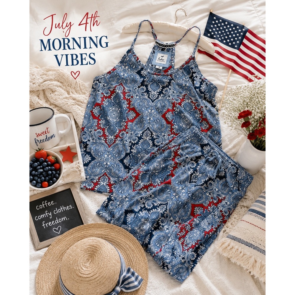 Echo Pajama Set Womens M Blue Red Paisley Racerback Tank Jogger Sleep/Loungewear